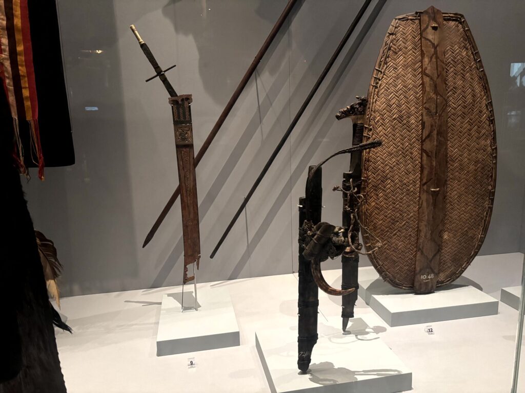 Bornean parang sword and woven shield on display